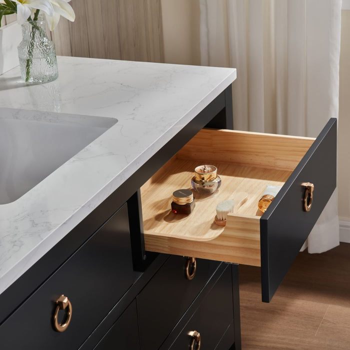 Ginaro 48" Black Solid Wood Sink Vanity – Modern Bathroom Cabinet with Stone Top
