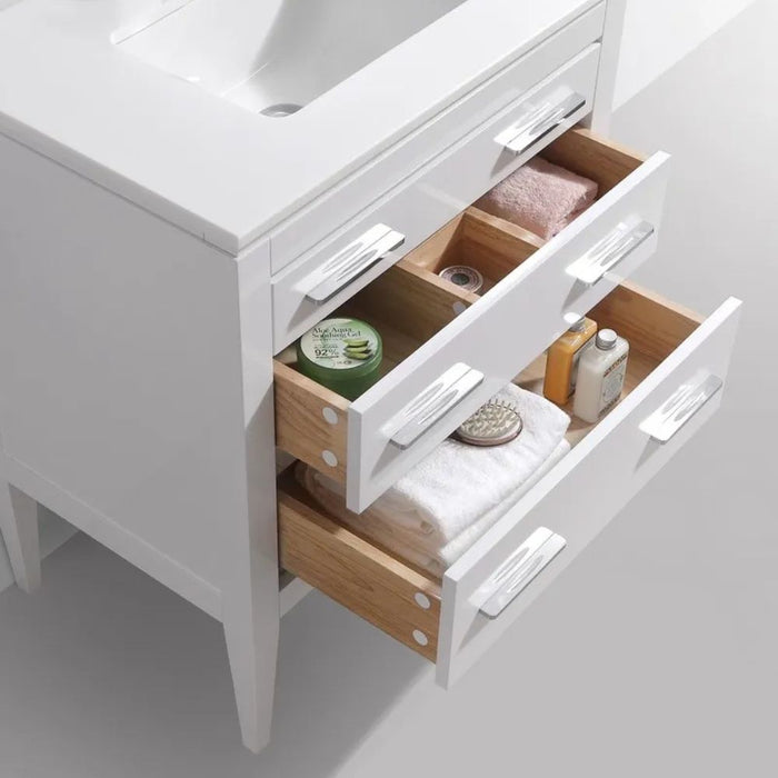 Alistair 30" Art Deco White Bathroom Vanity – Solid Wood Construction with Quartz Counter & 2 Drawers