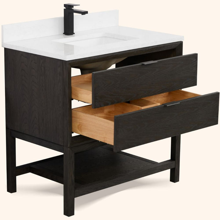 Adkin 36" Brown Oak Finish Bathroom Vanity – 1" Thick Artificial Stone Countertop