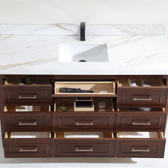 Waldmann 60" Ebony Single Sink Vanity - Dark Wood Cabinet with White Natural Marble Top & Flip Drawer