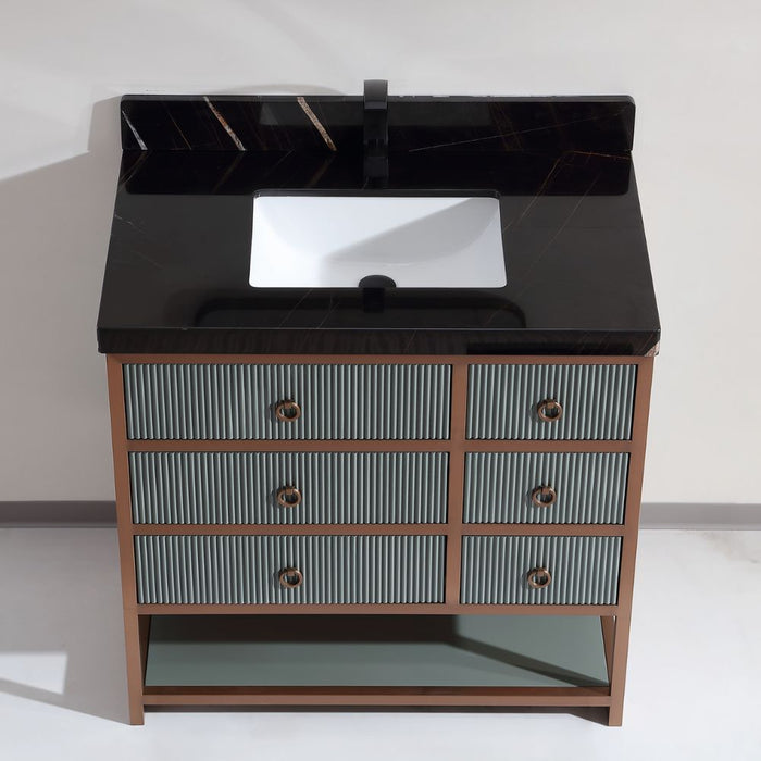 Norwich Modern Industrial 36" Single Sink Bathroom Vanity in Pewter Green – Golden Brush Steel & Oak Construction with Marble Top
