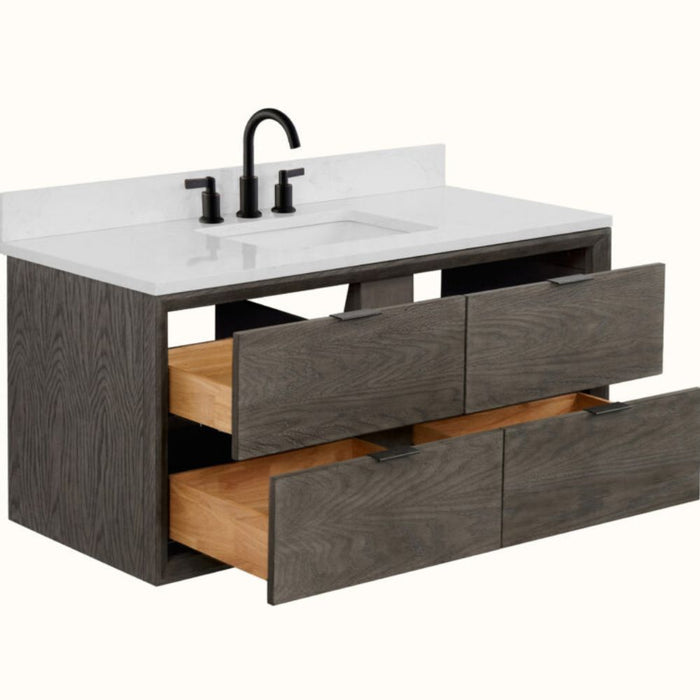 Leonice 48" Grey Oak Finish Bathroom Vanity 1" Thick White Stone Top – Modern Single Sink 2-Drawer
