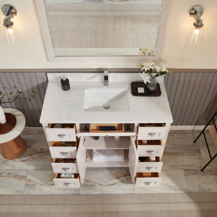 Fernanda 48" Solid Wood Bathroom Vanity in Dreamy White with 1" Artificial Stone Top & Soft Close Storage