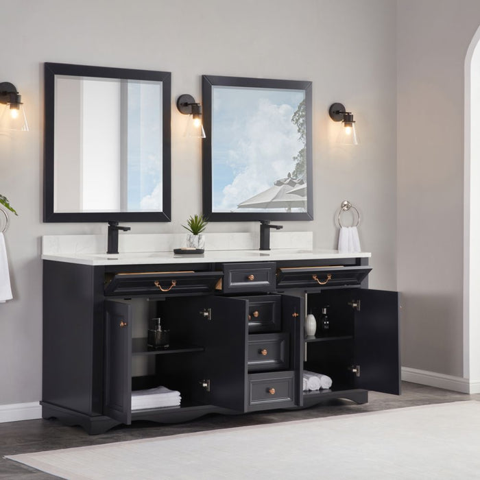 Isidora 72" Tricorn Black Bathroom Vanity Cabinet Solid Wood Construction Double Sink with Stone Top