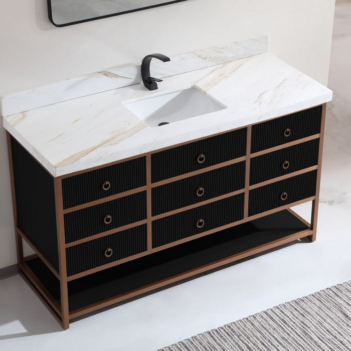 Lisen 60" Single Tricorn Black Stainless Steel Bathroom Vanity – Modern Golden Brush Finish Marble Top