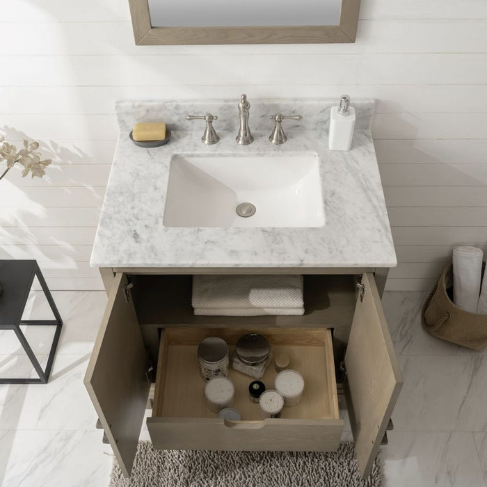 Single Sink Bathroom Vanity in Antique Gray Oak – Magi White Countertop with Pre-Drilled Faucet Holes