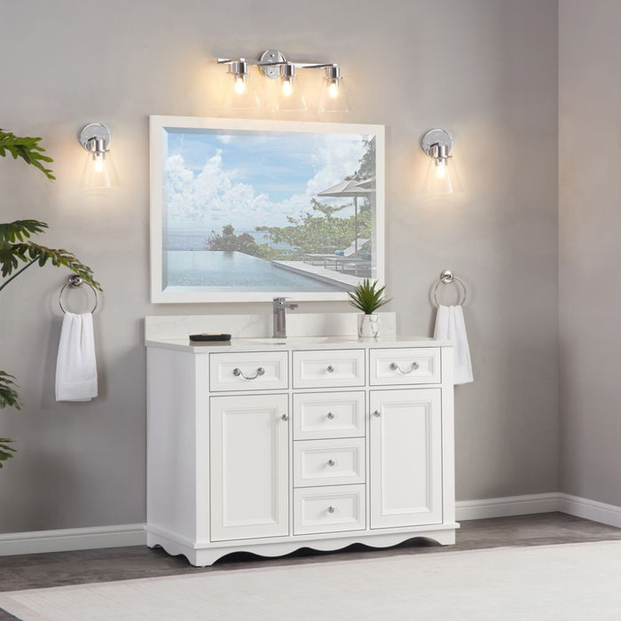Arielle 48" White Wood Single Sink Vanity Cabinet - Artificial Stone Countertop, Soft-Close Doors & 5 Drawers