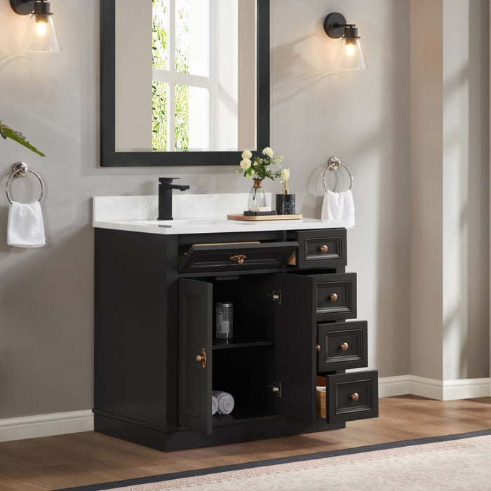 Tritan 36" Solid Wood Tricorn Black Bathroom Sink Vanity with Soft-Close Doors & Stone Countertop