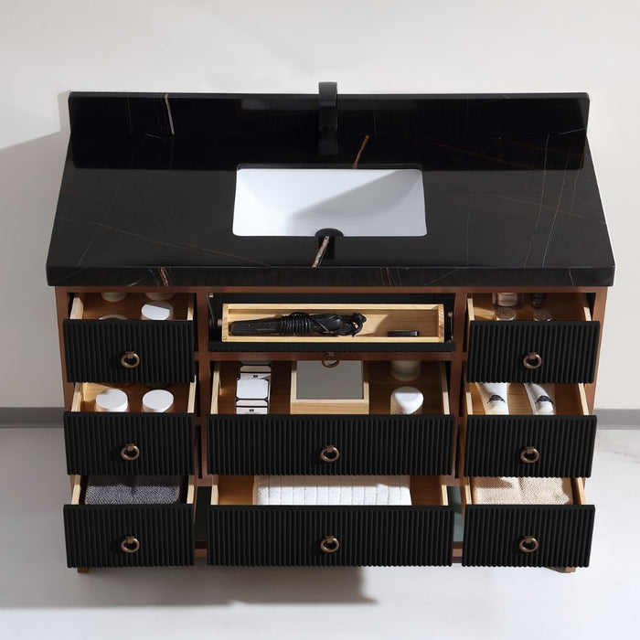 Kirchem 48" Modern Bathroom Vanity - Golden Brush Steel Frame Tricorn Black with Natural Stone Top
