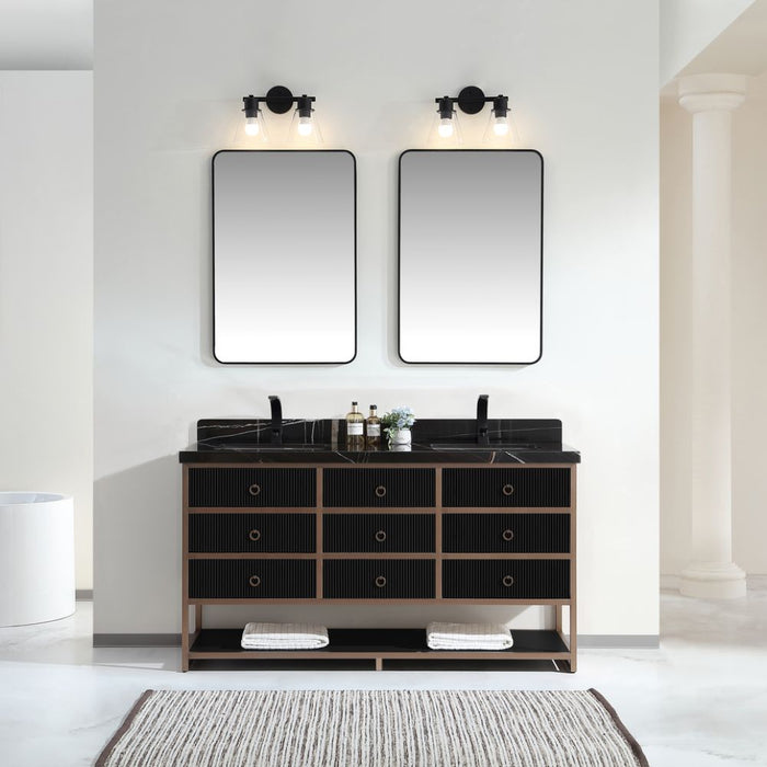 72" Double Vanity With Golden Brush Stainless Steel Frame And Tricorn Black Finish With 2' Thick Black Natual Stone Top