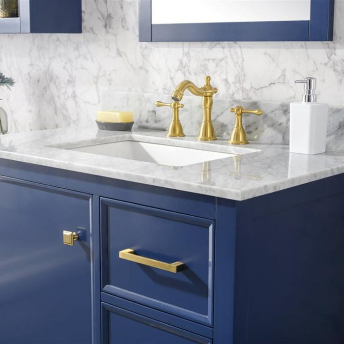 Estra 36" Blue Wood Vanity Cabinet with White Carrara Marble Top and Ceramic Sink - Modern 3-Drawer Design