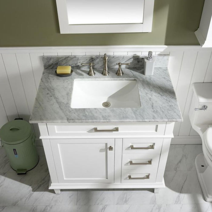 Mozaika 36" White Bathroom Vanity with Carrara Marble Countertop, Ceramic Sink & Tilt-Out Tray