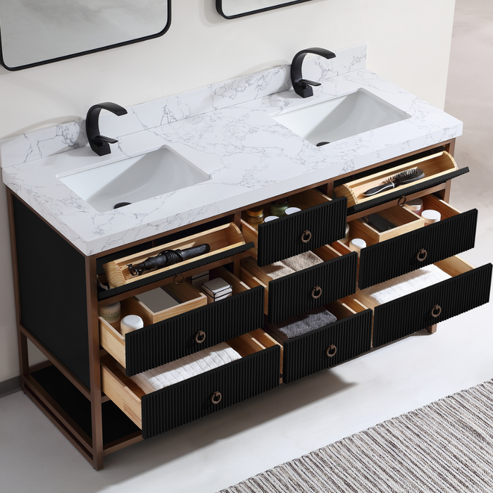 Mabelle 60" Tricorn Black Golden Stainless Steel Double Bathroom Vanity – Modern Oak Frame with White Stone Top