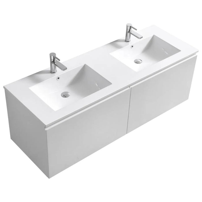 Diva 60" White Double Sink Wall Mounted Bathroom Vanity – Contemporary Floating Vanity with Drawers