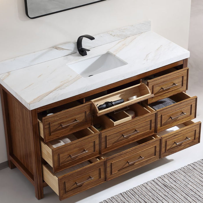 60" Ebony Single Sink Vanity – Modern Freestanding with 2" White Marble Countertop & Ceramic Basin