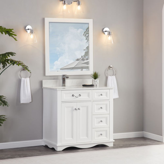 Vologne 36" White Solid Wood Bathroom Vanity Cabinet with Artificial Stone Top, Soft-Close Drawers & Dovetail Construction