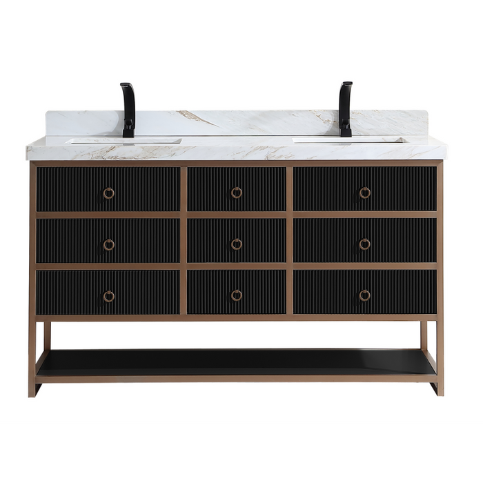 Venza 60" Double Vanity Golden Brush Stainless Steel Frame Tricorn Black Oak Wood – Modern Bathroom Vanity with 2" White Natural Marble Top
