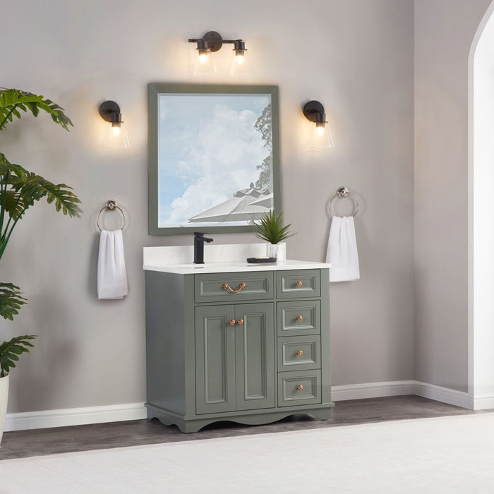 Sanaki 36" Solid Wood Bath Vanity French Contemporary Pewter Green Finish with Artificial Stone Top & 4 Drawers