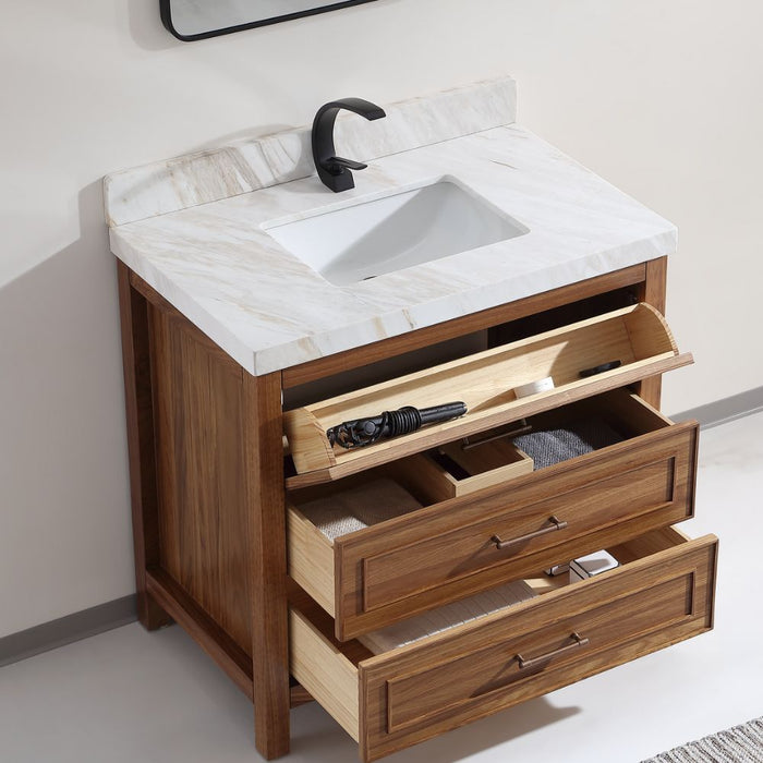 36" White Natural Marble Bathroom Vanity - Contemporary Wood Frame with Ceramic Sink