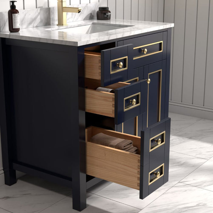 Jacy 36" Blue Wood Bathroom Vanity with Carrara White Top, Single Sink, and Dovetail Drawers