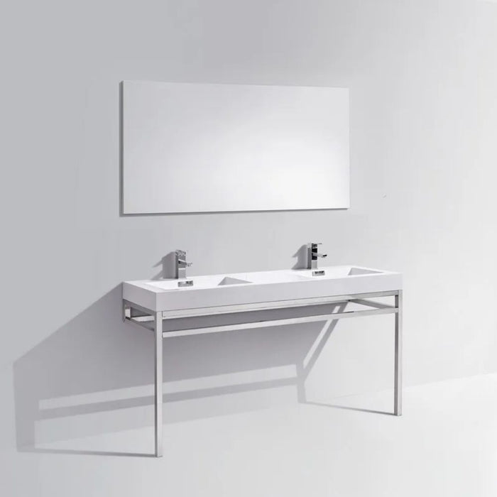 Crius 60" Chrome Double Sink Bathroom Console – 316L Stainless Steel Vanity with White Composite Sink