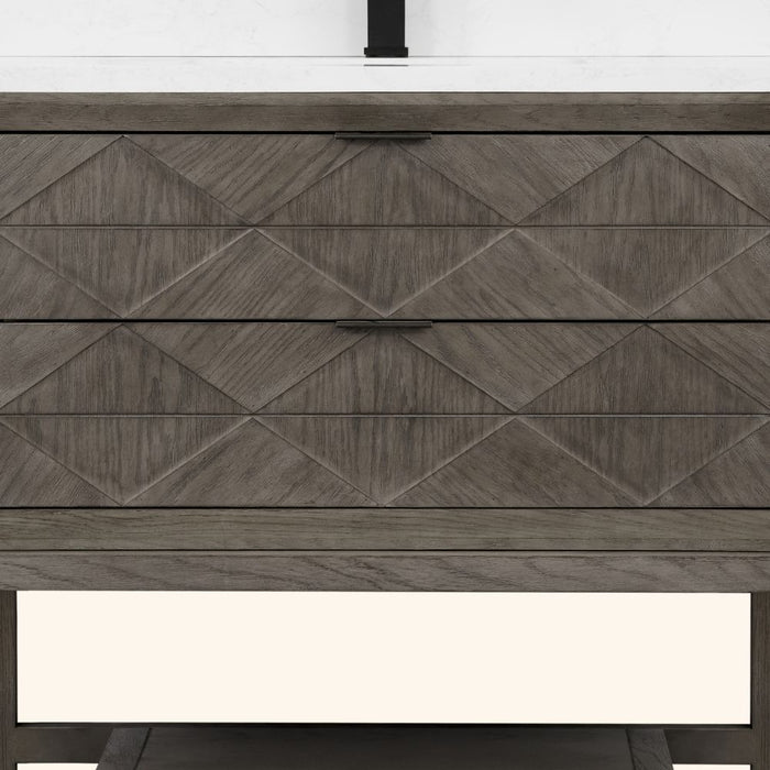 Janis Modern 36" Grey Oak Vanity on Legs with White Artificial Stone Top – 2-Drawer Bathroom Storage
