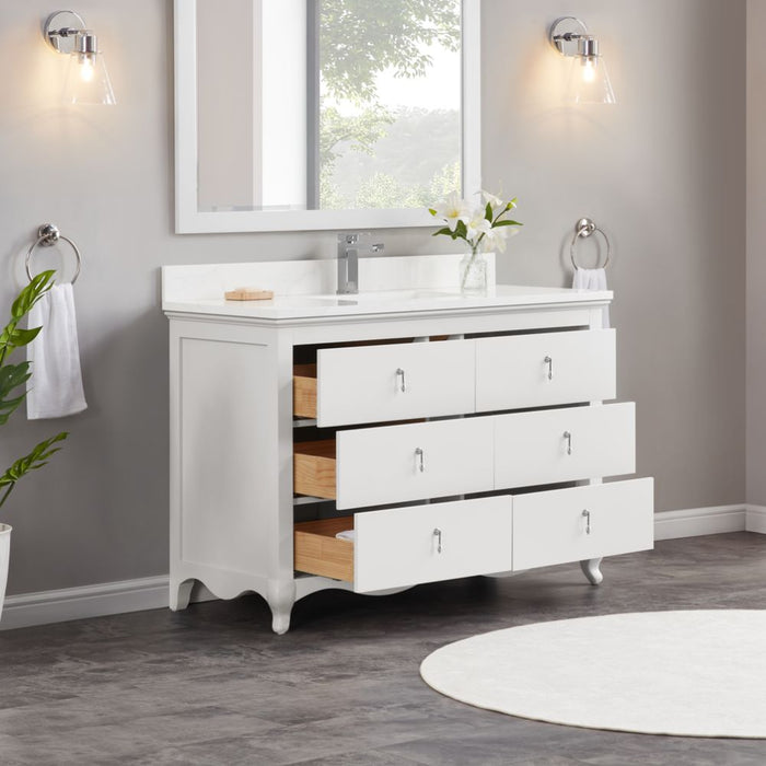 Leyton 48" White Single Sink Vanity - Solid Wood Construction with 1" Stone Countertop & 6 Drawers
