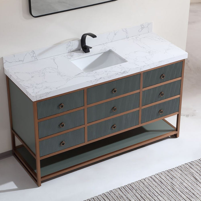 Lorelle 60" Single Pewter Green Wooden Bathroom Vanity - Golden Brush Steel Frame 8-Drawer Storage