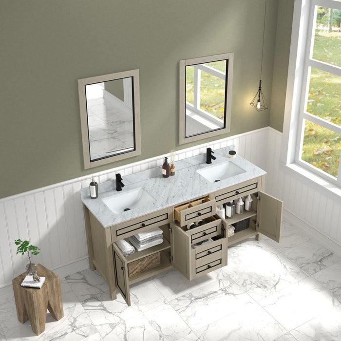 Graca 72" Light Oak Double Vanity Cabinet with Carrara White Countertop & Soft Close Drawers