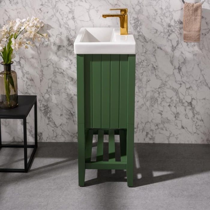 18" Aura Green Sink Vanity Unit – White Ceramic Top with Door Storage