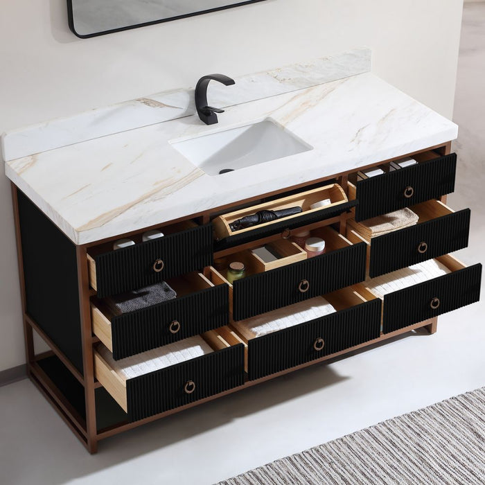 Lisen 60" Single Tricorn Black Stainless Steel Bathroom Vanity – Modern Golden Brush Finish Marble Top