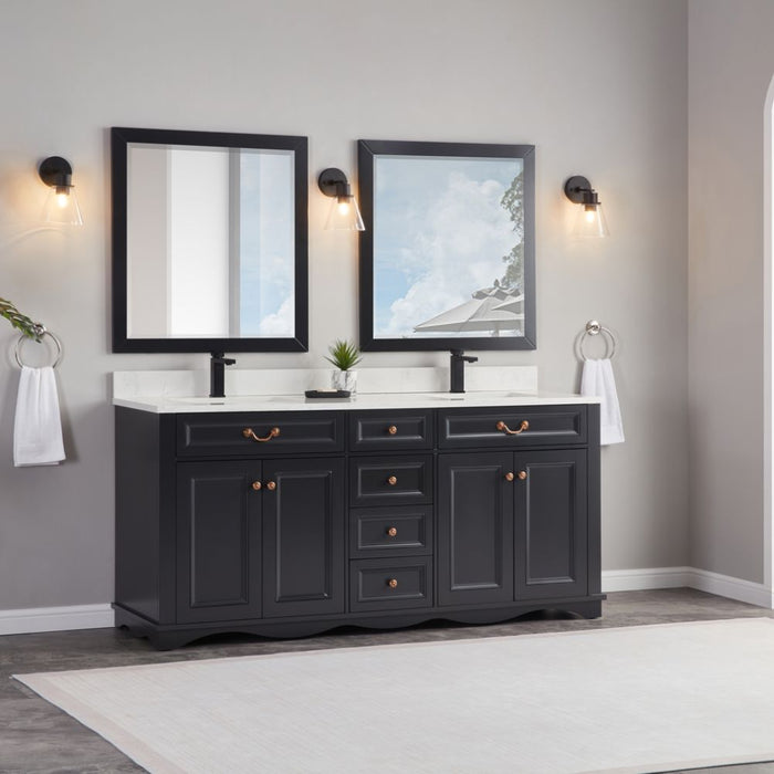 Isidora 72" Tricorn Black Bathroom Vanity Cabinet Solid Wood Construction Double Sink with Stone Top