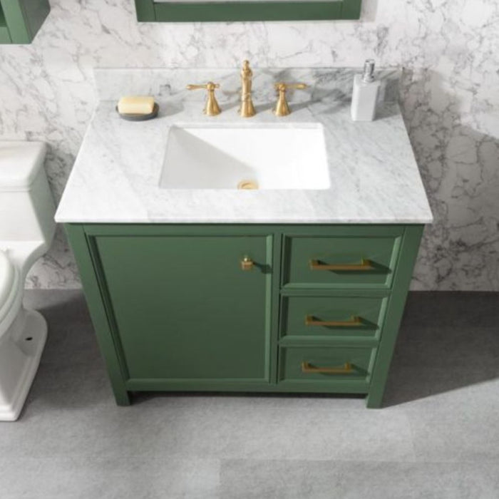 36" Luminescence Green Finish Bathroom Vanity - Carrara Marble Countertop with Ceramic Sink & Soft-Close Drawers