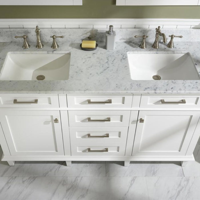 Sandrine 60" White Wood Double Vanity – Carrara Top & Storage Drawers