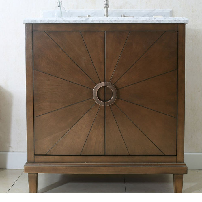 Odette 30" Antique Coffee Bathroom Vanity Cabinet – White Carrara Top Pre-Drilled for Faucets