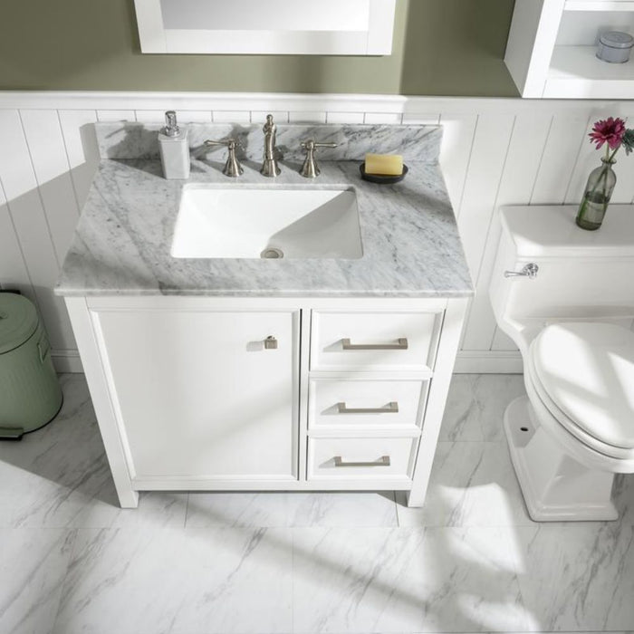 Calirette 36" White Single Sink Vanity with Carrara White Marble Top - 3 Drawer Storage
