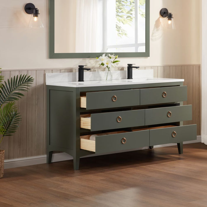 Winton 60" Pewter Green Bathroom Vanity Cabinet – Solid Wood with 1" Artificial Stone Top & Dovetail Drawers