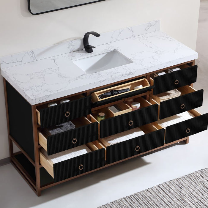 Alena 60" Single Tricorn Black Golden Brush Vanity – Contemporary Oak Frame with White Stone Top