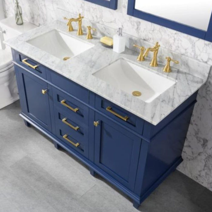 Herzen 54" Blue Wood Double Sink Vanity – Carrara Top & Soft Close Drawers