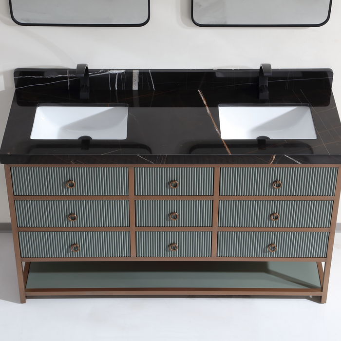 Cadencia 60" Pewter Green Double Vanity with Golden Brush Stainless Steel Frame – Modern Industrial Style with 2" Black Natural Stone Top