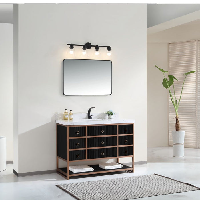 Fannie 48" Tricorn Black Oak Wood Bathroom Vanity with Golden Stainless Steel Frame - 8 Drawer Storage