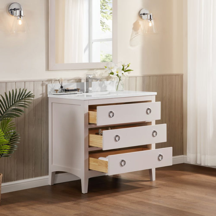 Wylie 36" Classic White Solid Wood Bathroom Vanity - 1" Stone Top, 3 Dovetail Drawers, Free-Standing