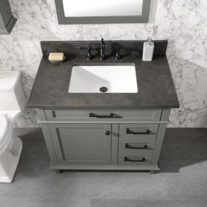Cato 36" Blue Limestone Top Bathroom Vanity Cabinet - Pewter Green with Drawers & Ceramic Sink
