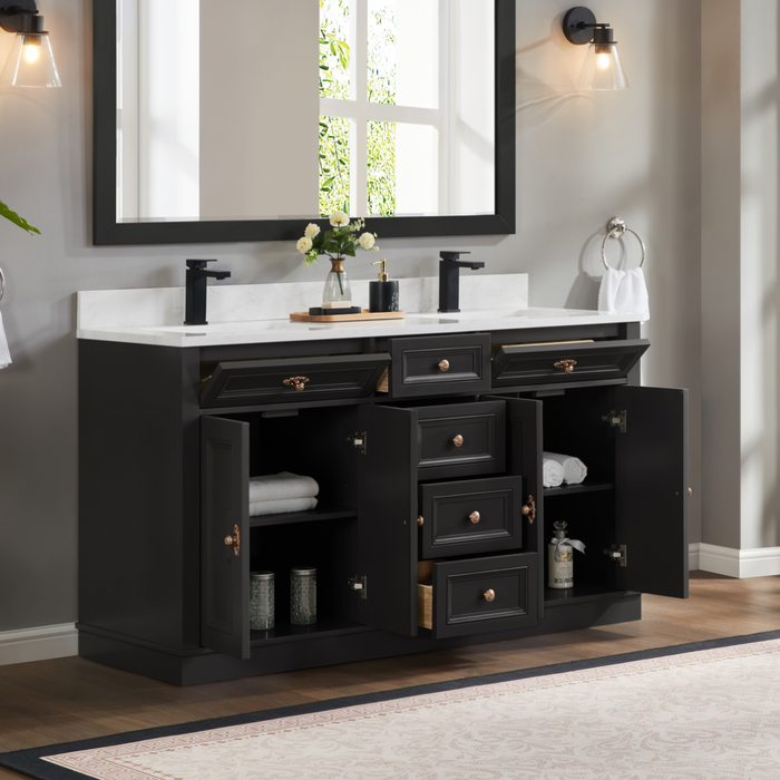 Louvain 60" Tricorn Black Freestanding Bathroom Vanity with Stone Countertop and Soft-Close Drawers