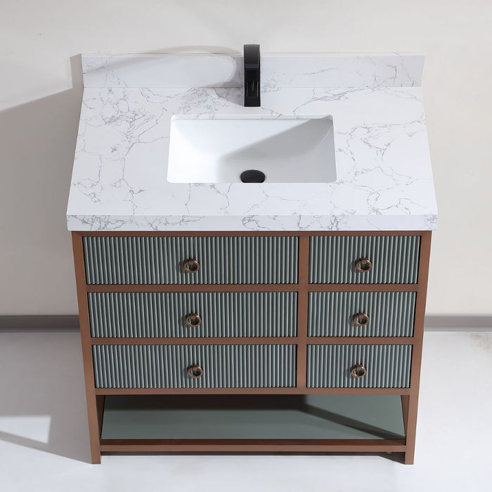 Napoleon Contemporary 36" Pewter Green Golden Brush Vanity Cabinet – Solid Oak Frame with White Ceramic Sink & Stone Top