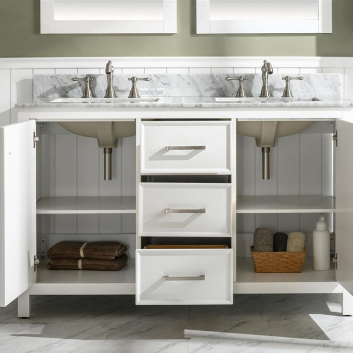 Barnstorm 54" White Modern Double Sink Bathroom Vanity with Carrara Marble Top & Storage Drawers