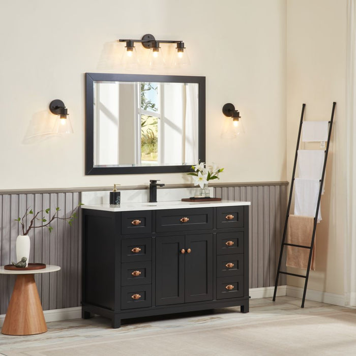 Haversham 48" Tricorn Black Free-Standing Single Vanity - Solid Wood Construction with 8 Dovetail Drawers & Stone Top