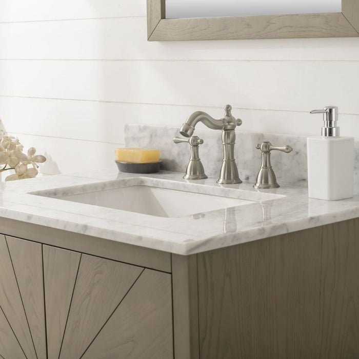 Single Sink Bathroom Vanity in Antique Gray Oak – Magi White Countertop with Pre-Drilled Faucet Holes