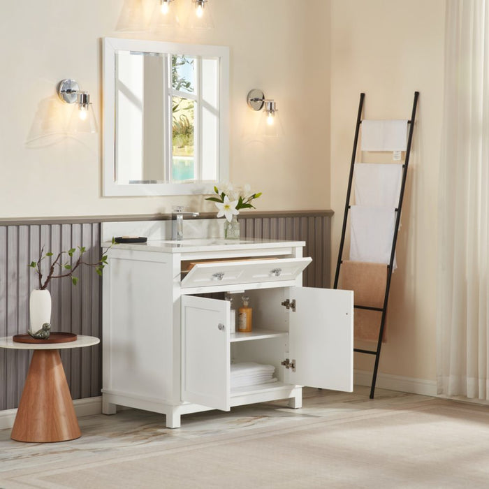 Broxburn 36" White Solid Wood Bathroom Vanity with Artificial Stone Top - FusionBath Classic Collection Single Sink Freestanding