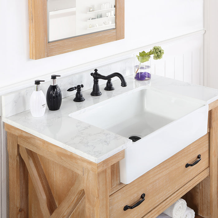 Villareal 36" Single Bath Vanity in Weathered Pine with Composite Stone Top in White, White Farmhouse Basin and Mirror